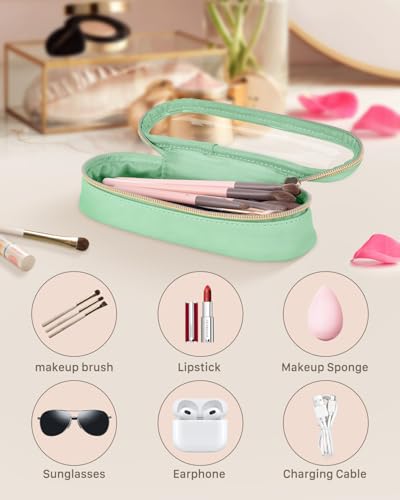Soimeat Clear Travel Makeup Brush Holder, Leather Makeup Brush Toiletry Bag, Portable Cosmetic Brush Case, Transparent Waterproof Makeup Brush Storage Bag, Mint Green - Image 2