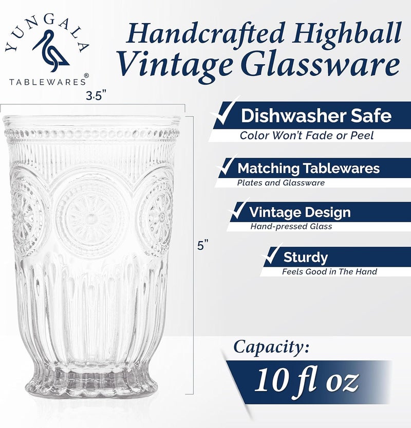 Yungala Highball Glasses set of 6 Vintage Glassware water glasses with unique footed design and pressed sunflower and hobnail motif  hand crafted without lead  dishwasher friendly - Image 2