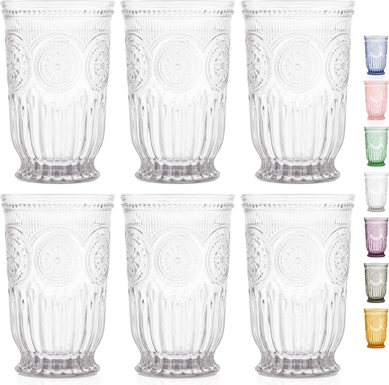Yungala Highball Glasses set of 6 Vintage Glassware water glasses with unique footed design and pressed sunflower and hobnail motif  hand crafted without lead  dishwasher friendly - Image 1