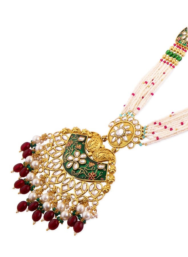 Zaveri Pearls طقم عقد وأقراط وخاتم زفاف طويل من الخرز متعدد الخيوط من ميناكاري باللونين الأخضر والوردي من زافيري بيرلز للنساء - ZPFK21763 - Image 5