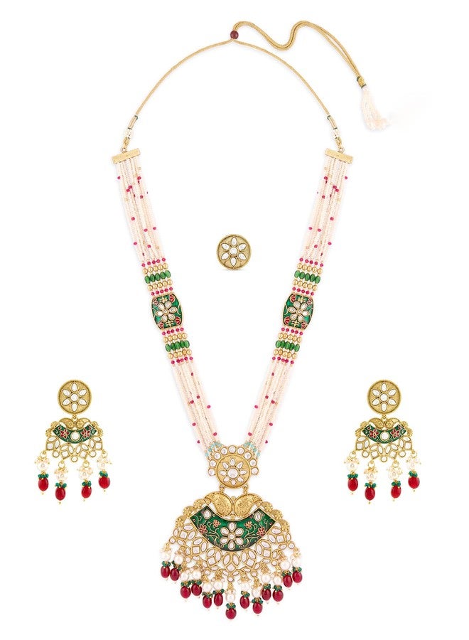 Zaveri Pearls طقم عقد وأقراط وخاتم زفاف طويل من الخرز متعدد الخيوط من ميناكاري باللونين الأخضر والوردي من زافيري بيرلز للنساء - ZPFK21763 - Image 1