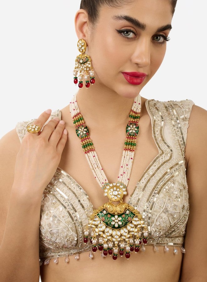 Zaveri Pearls طقم عقد وأقراط وخاتم زفاف طويل من الخرز متعدد الخيوط من ميناكاري باللونين الأخضر والوردي من زافيري بيرلز للنساء - ZPFK21763 - Image 2
