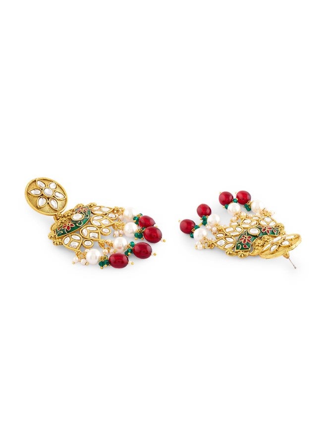 Zaveri Pearls طقم عقد وأقراط وخاتم زفاف طويل من الخرز متعدد الخيوط من ميناكاري باللونين الأخضر والوردي من زافيري بيرلز للنساء - ZPFK21763 - Image 4