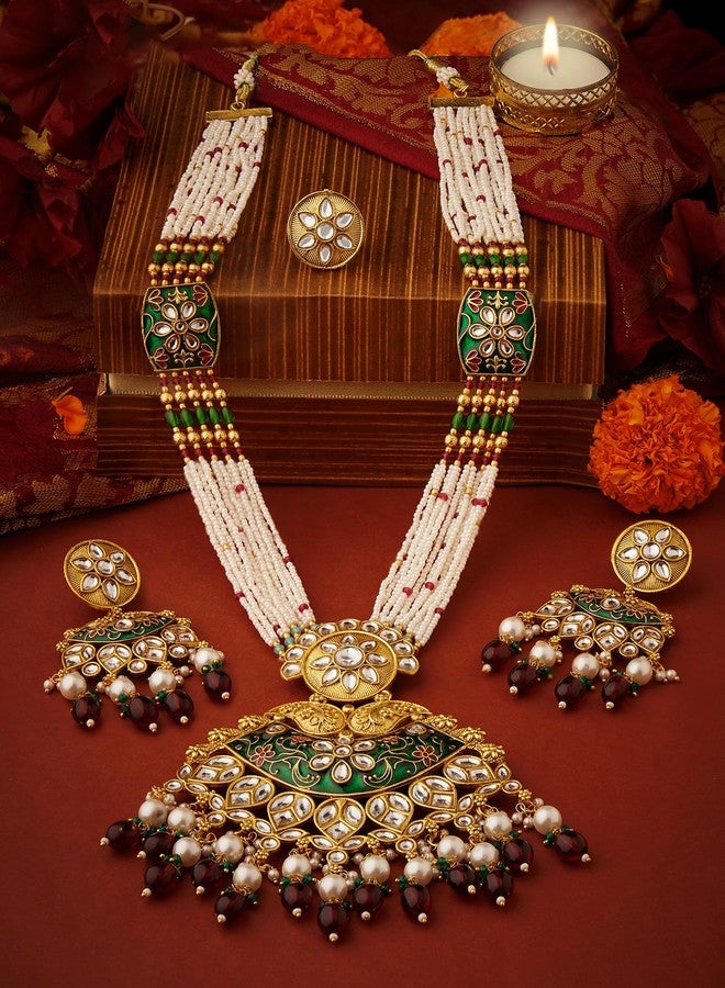 Zaveri Pearls طقم عقد وأقراط وخاتم زفاف طويل من الخرز متعدد الخيوط من ميناكاري باللونين الأخضر والوردي من زافيري بيرلز للنساء - ZPFK21763 - Image 3