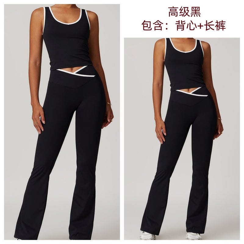 Generic Mu Jin Cross High Waist Sports Womens Contrast Color Backless Tight Naked Yoga suit Running Fitness Yoga Clothing 7843 Premium black (vest + trousers) 