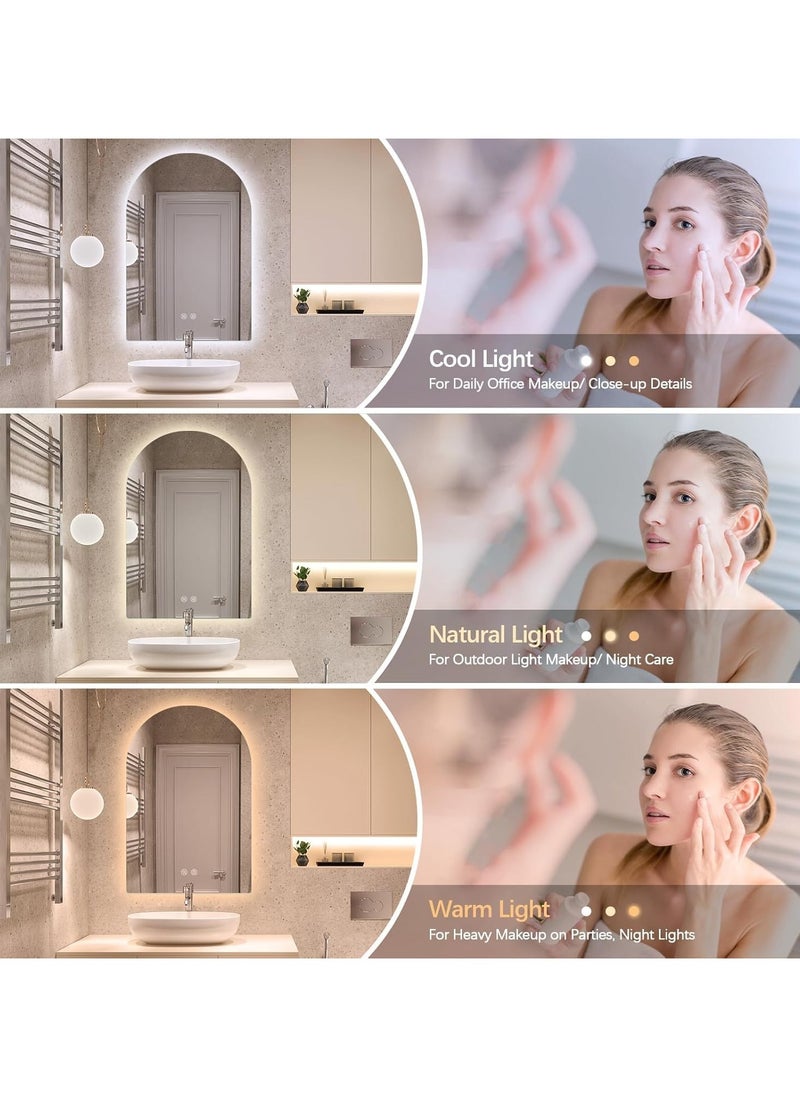Vparty - Arched LED Bathroom Mirror, Frameless Arch Backlit Wall Mirror, Lighted Vanity Mirror with 3 Color Temperature Adjustment, Anti-Fog, Explosion-Proof, Waterproof, 5MM Silver Mirror, Touch Button Control, 12V Waterproof Light Strip, IP65 Rated, Touch Sensor, Wall-Mounted LED Mirror, 50x80 cm - Image 1
