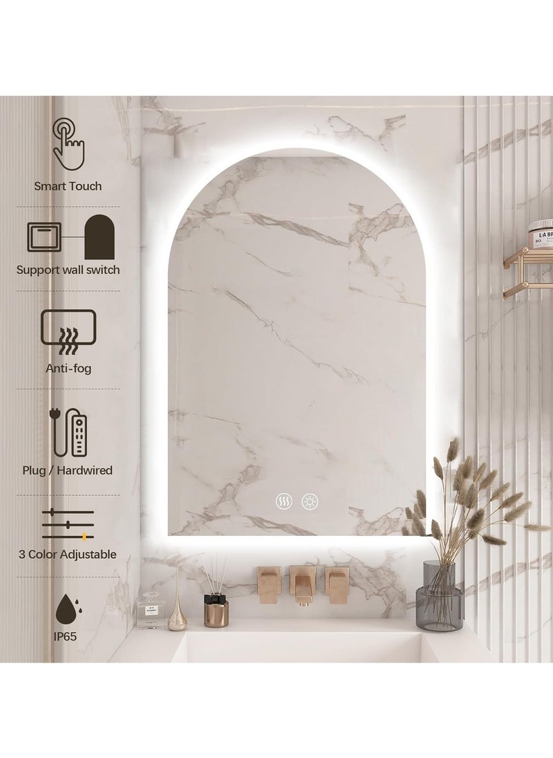 Vparty - Arched LED Bathroom Mirror, Frameless Arch Backlit Wall Mirror, Lighted Vanity Mirror with 3 Color Temperature Adjustment, Anti-Fog, Explosion-Proof, Waterproof, 5MM Silver Mirror, Touch Button Control, 12V Waterproof Light Strip, IP65 Rated, Touch Sensor, Wall-Mounted LED Mirror, 50x80 cm - Image 1