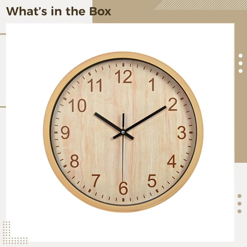 12 Wall Clock, Bamboo Textured Plastic Frame, Silent Quartz Clock With Colorful Numbers, Battery-Powered For Home & Office - Image 2