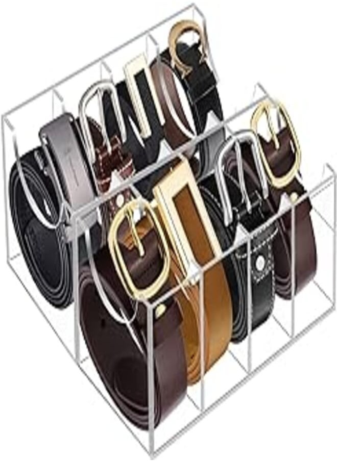 Hlimior Hlimior Belt Organizer, Acrylic 8 Compartments Belt Container Storage Holder, Acrylic Belt Display Storage Box, Clear Belt Display Case for Closet Tie and Bow Tie Watch Jewelry Bracelets Ring 