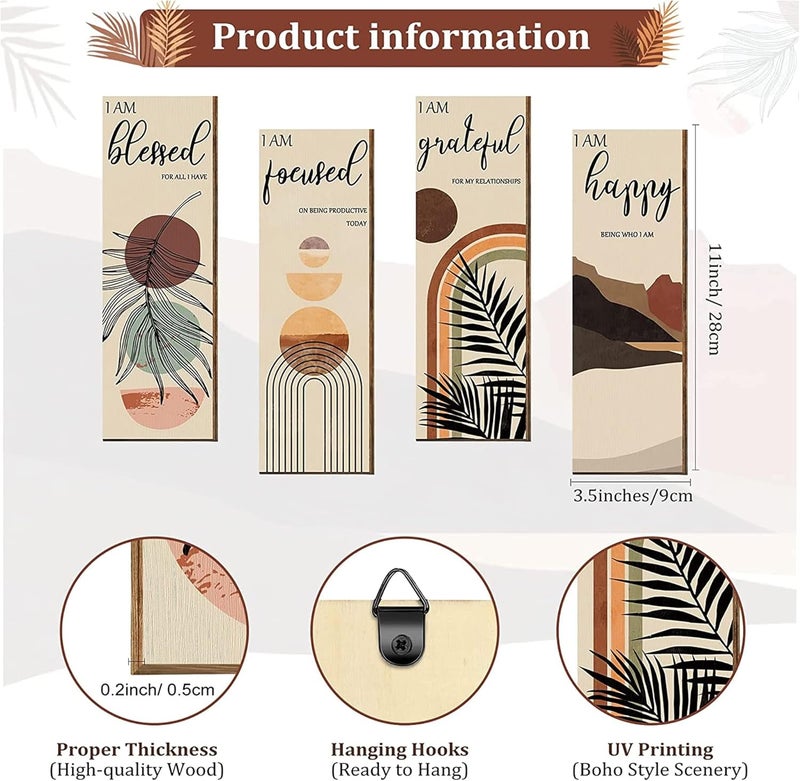 Sulfar Boho Wall Art Prints 11 x 4 x 1 Inch, Set of 4, Mid Century Positive Affirmations Wall Decor - Image 2