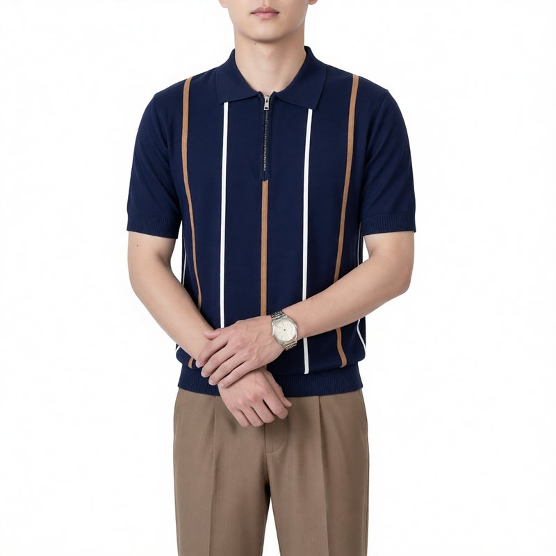 Men's Half Zip Contrast Striped Short Sleeve Polo Shirt Slim Fit Casual Top