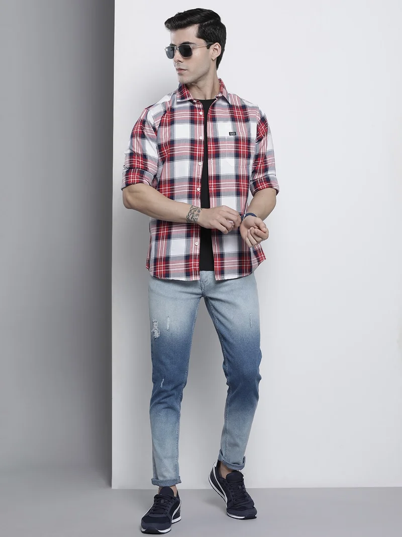 شركة المرآب الهندية Men Regular Fit Checkered Full Sleeves Spread Collar Casual Shirt