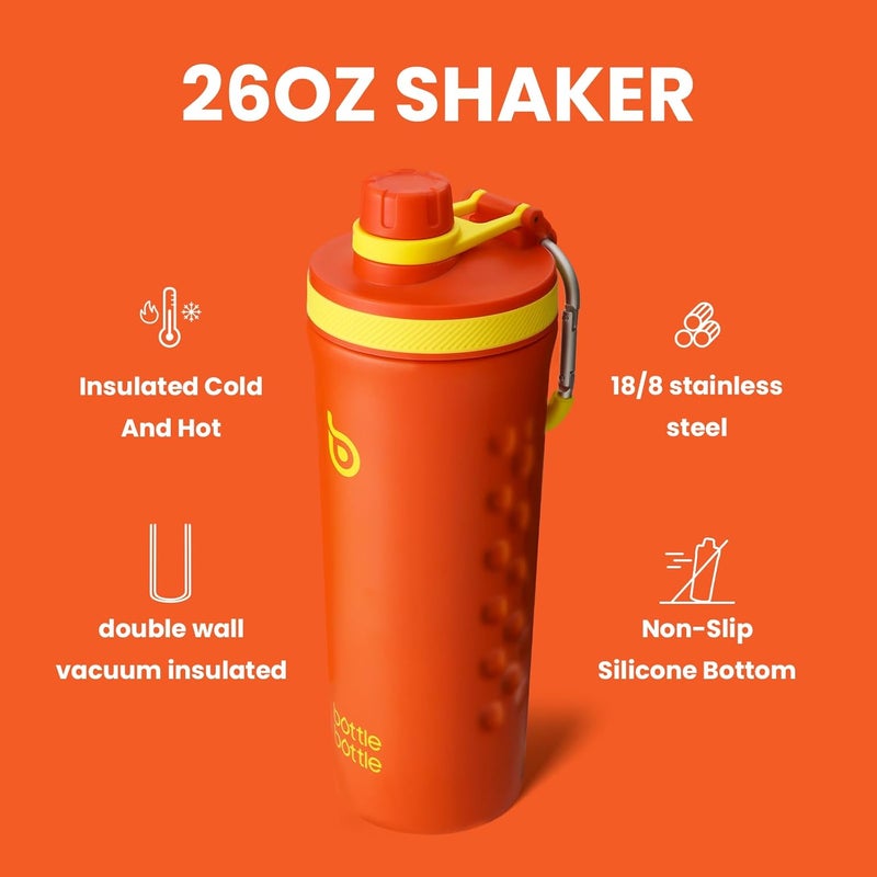 BOTTLE BOTTLE 26 oz Insulated Shaker Bottle Insulated Water Bottle with Shaker Ball Reusable Stainless Steel Water Bottle for Men and Women Protein Shaker Bottles for Gym Water Bottle orangered - Image 2