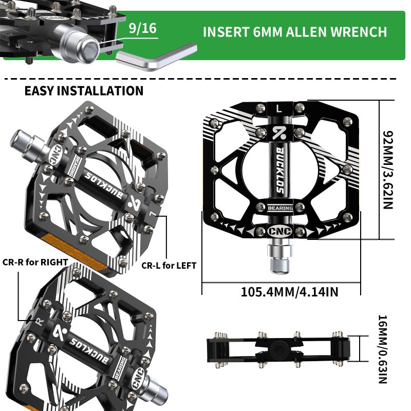 BUCKLOS MTB Bike Flat Pedals with Reflectors,Large Platform Mountain Non Slip CNC Aluminum Alloy Bicycle Pedals Sealed Bearing 9/16" Adult - Image 4