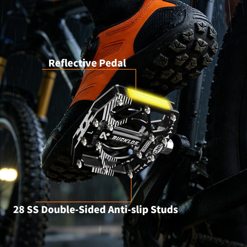 BUCKLOS MTB Bike Flat Pedals with Reflectors,Large Platform Mountain Non Slip CNC Aluminum Alloy Bicycle Pedals Sealed Bearing 9/16" Adult - Image 3