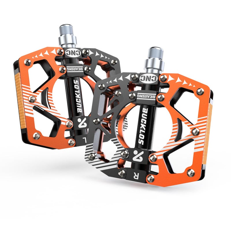 BUCKLOS MTB Bike Flat Pedals with Reflectors,Large Platform Mountain Non Slip CNC Aluminum Alloy Bicycle Pedals Sealed Bearing 9/16" Adult - Image 1