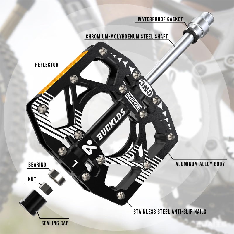 BUCKLOS MTB Bike Flat Pedals with Reflectors,Large Platform Mountain Non Slip CNC Aluminum Alloy Bicycle Pedals Sealed Bearing 9/16" Adult - Image 2