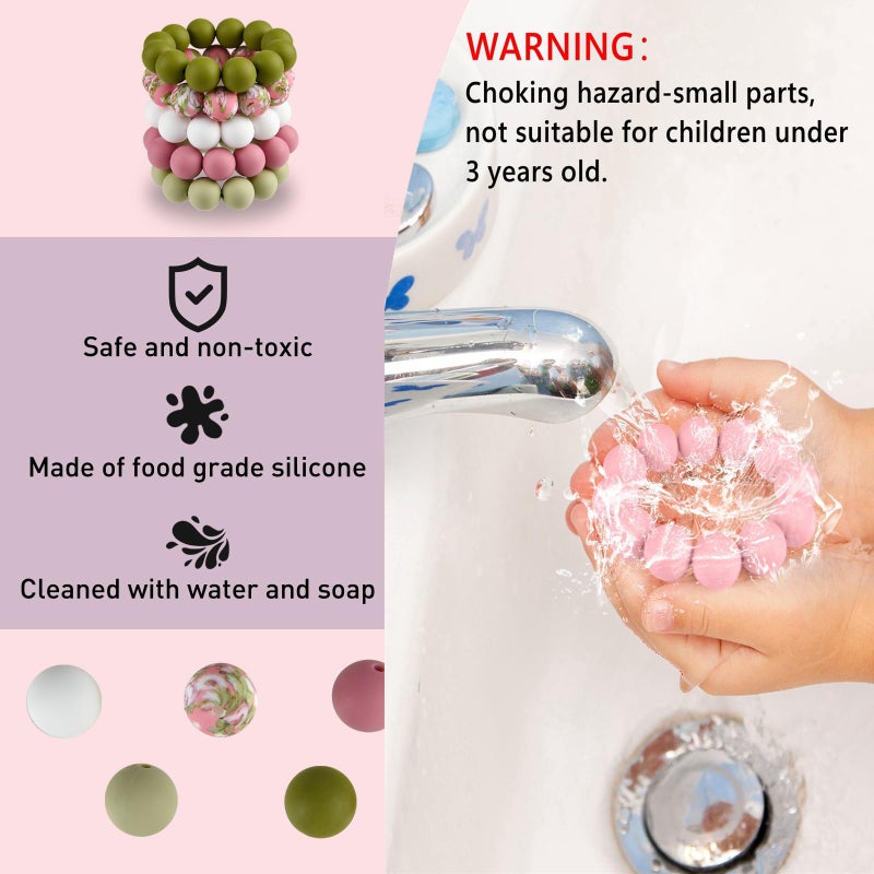 ASTARON 100 Pcs 15mm Silicone Beads for Keychain Making, Pink Green White Beads Bulk Round Beads for Bracelets Crafts Beadable Pens Decorations Jewelry Making Supplies - Image 2