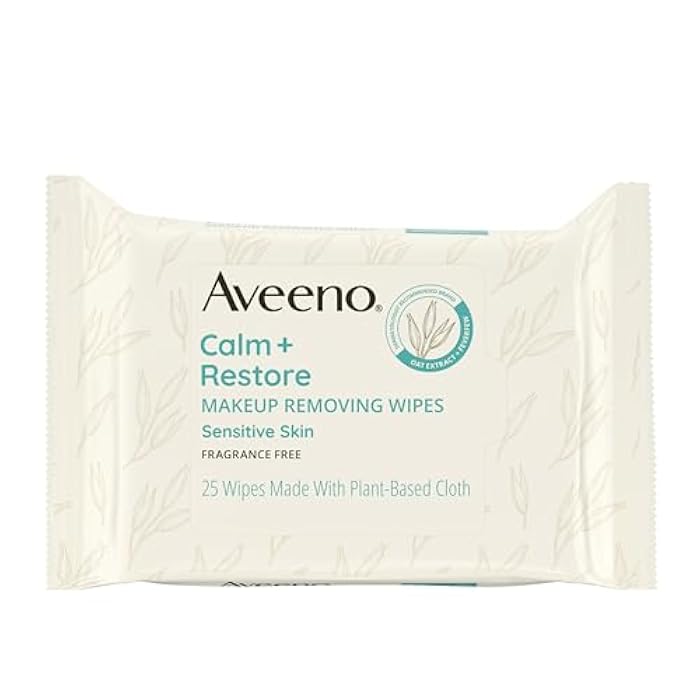 Aveeno Calm + Restore Unscented Makeup Remover Face Wipes, Fragrance Free Facial Cleansing Towelettes with Oat Extract & Calming Feverfew Leave Skin Feeling Soothed, Alcohol Free, 25 ct - Image 1