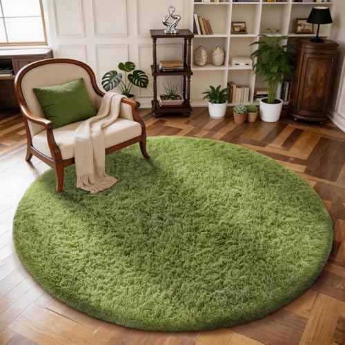 Ophanie Round Rug 5Ft Green Circle Area Rug Green Room Decor Fluffy Fuzzy Bedroom Carpet Plush Soft Shaggy Living Room Rugs for Kids Home Decor Aesthetic Nursery - Image 1