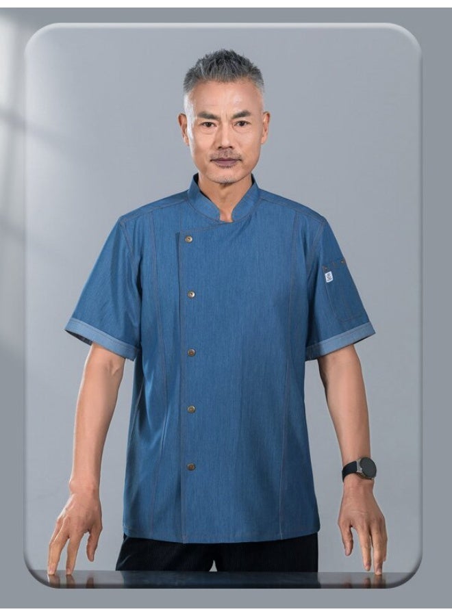 NIBEMINENT High-End Breathable Dining Restaurant Kitchen Denim Chef Overalls Short Sleeve Chef Uniform Men's Spring Summer Workwear Uniform  - Image 1