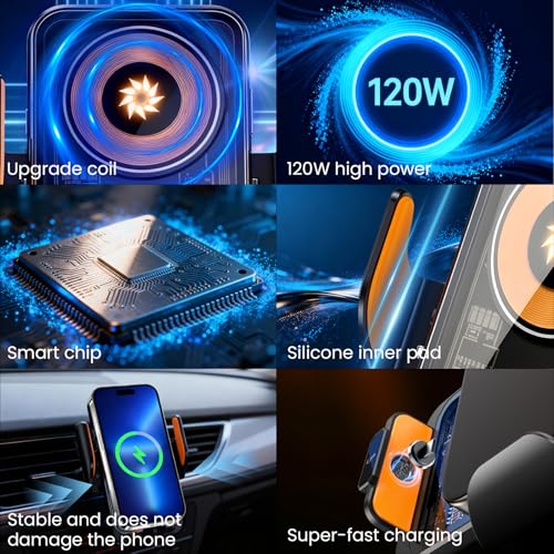 Dojavop Fast Wireless Car Charger Wireless Charging Phone Mount for Car Magnetic Navigation Car Phone Holder Automatic Smart Sensor Clamping Rotating with Charger Station Fast Wireless Charger Max 120W(Black) - Image 2