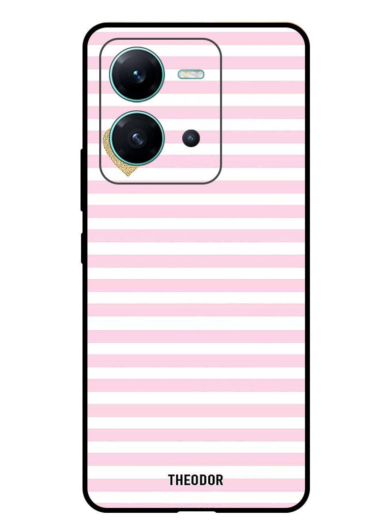Theodor Protective Case Anti Scratch Shock Proof Bumper Cover For  Vivo V25 Pink & White Lines & Golden Heart - Image 1
