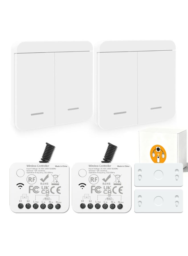 433MHz RF Wireless Switch with Compact Receiver, 2 Switches & 2 Receivers Kit, Easy Wiring-Free Installation, Compatible with 86mm Standard Junction Boxes, Remote Control for Lights and Electrical Appliances - Image 1