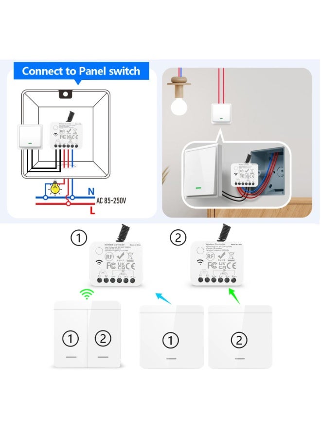 433MHz RF Wireless Switch with Compact Receiver, 2 Switches & 2 Receivers Kit, Easy Wiring-Free Installation, Compatible with 86mm Standard Junction Boxes, Remote Control for Lights and Electrical Appliances - Image 2