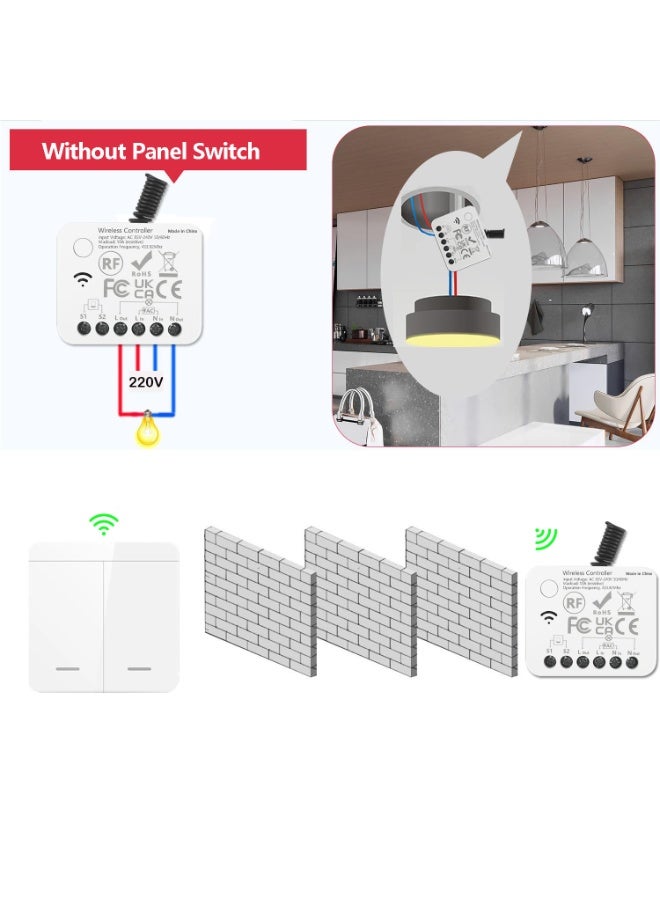 433MHz RF Wireless Switch with Compact Receiver, 2 Switches & 2 Receivers Kit, Easy Wiring-Free Installation, Compatible with 86mm Standard Junction Boxes, Remote Control for Lights and Electrical Appliances - Image 3