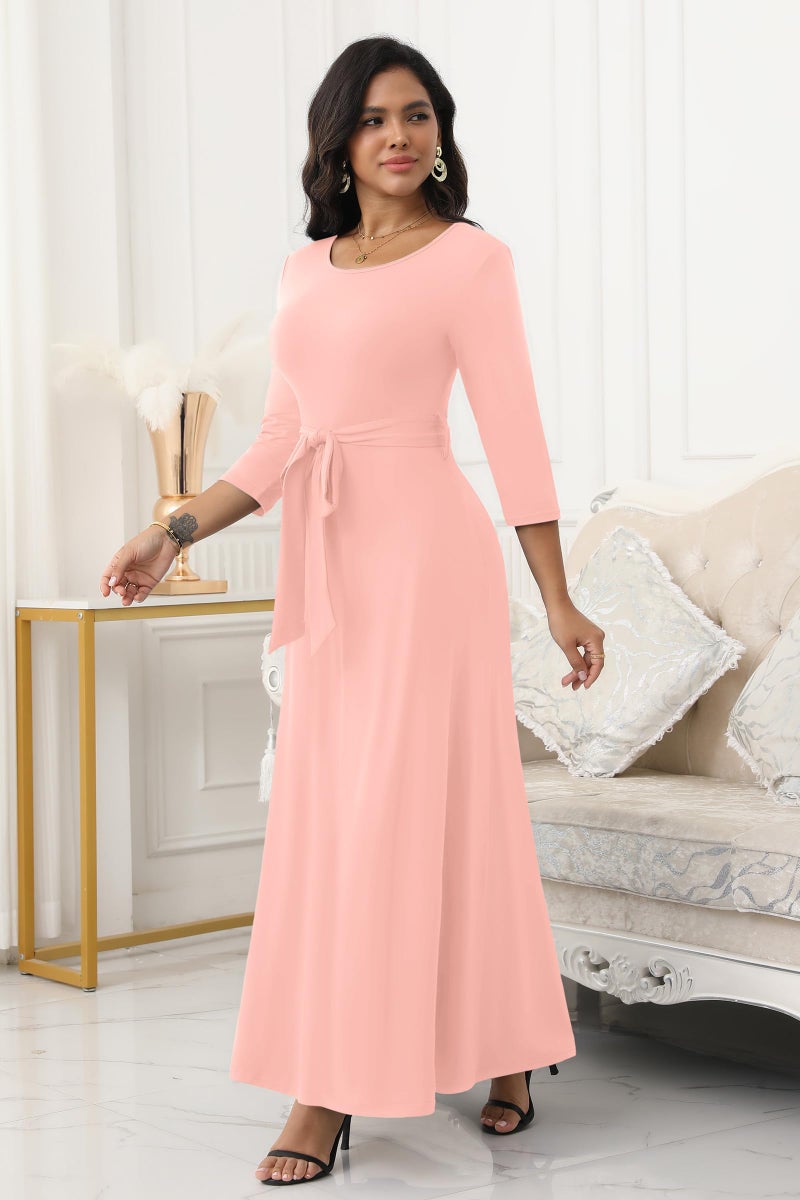FANDEE Maxi Dress for Women 2026, Long Casual Empire Waist Dresses 3/4 Sleeve Round Neck with Belt XL Pink - Image 3