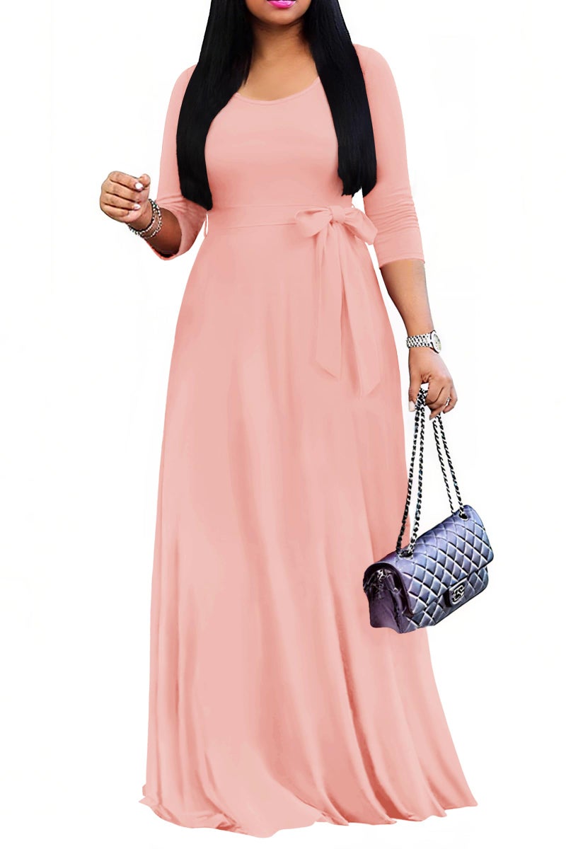 FANDEE Maxi Dress for Women 2026, Long Casual Empire Waist Dresses 3/4 Sleeve Round Neck with Belt XL Pink - Image 1