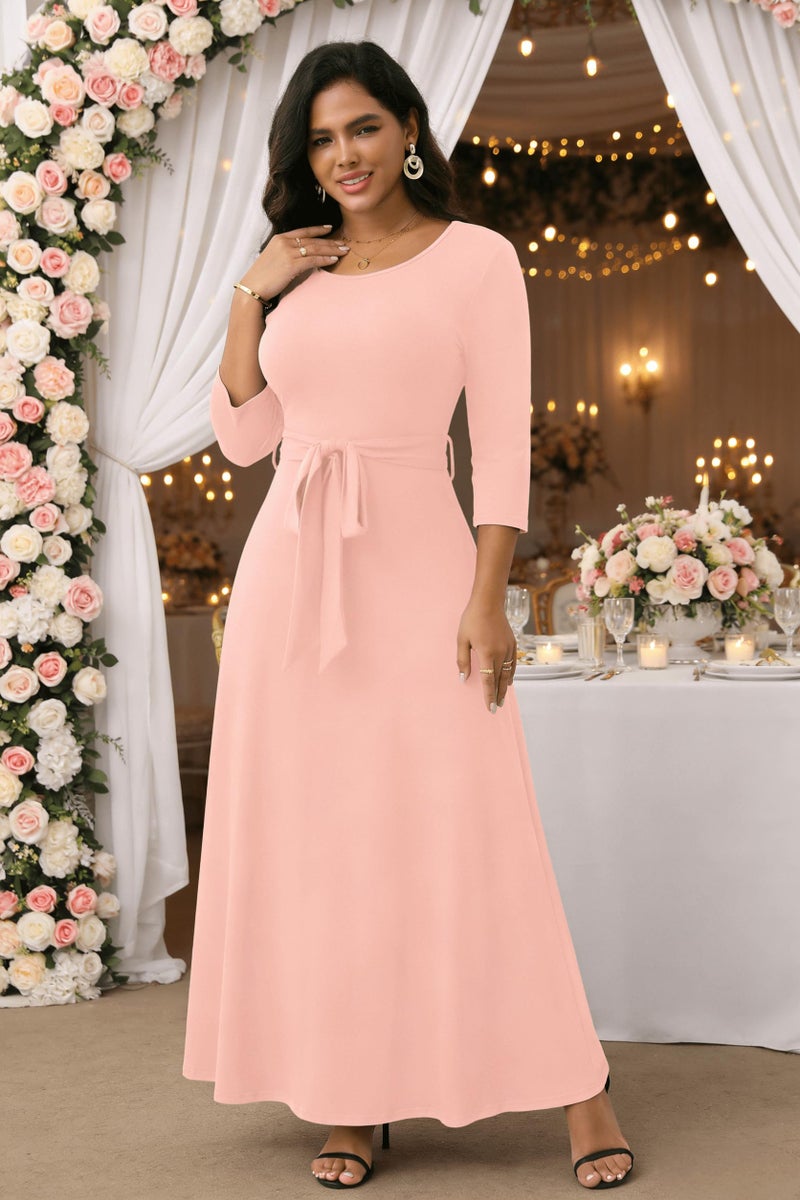 FANDEE Maxi Dress for Women 2026, Long Casual Empire Waist Dresses 3/4 Sleeve Round Neck with Belt XL Pink - Image 2