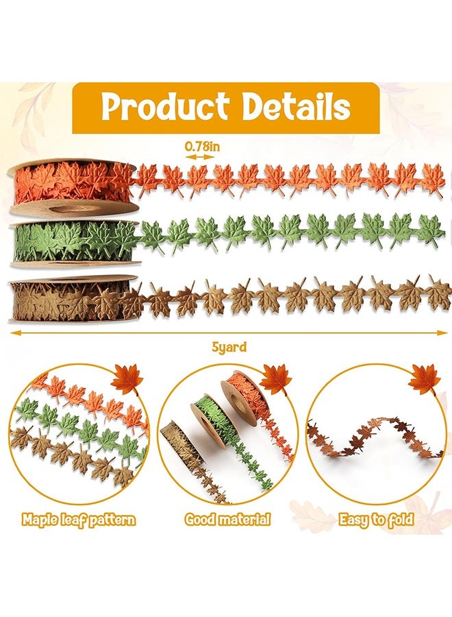 Quantum 3 PCS Maple Leaf Fall Ribbon, Orange Gold & Green Maple Leaves Ribbons for Crafts, Maple Leaf Shape Craft Ribbons Trim Embellishment for Gift Wrapping - Image 2