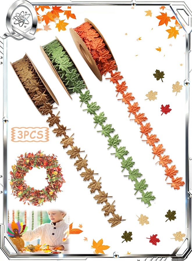 Quantum 3 PCS Maple Leaf Fall Ribbon, Orange Gold & Green Maple Leaves Ribbons for Crafts, Maple Leaf Shape Craft Ribbons Trim Embellishment for Gift Wrapping - Image 1