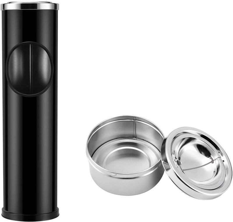 Anfrere Standing Ashtray Outdoor for Patio, Large & Tall Outside Ash Tray for Cigarette Butt Receptacle Disposal, Commercial Metal Smokers Cigar Ash Tray Container with Lid and Trash Can, D01BK - Image 1