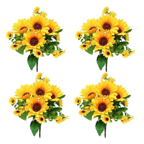 Amajoy 4 Bunches Artificial Sunflower Bouquet, Fake Silk Sunflower Flowers, Realistic Silk Sunflowers for Home Hotel DIY Craft Wedding Party Decoration Indoor and Outdoor Decor, XRK-4 - Image 1