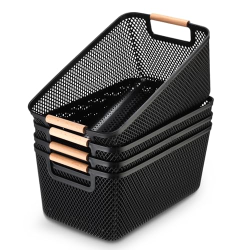 Tioncy 4 Pcs Plastic Mesh Baskets with Wood Handle Woven Mesh Storage Organizer Bins Multifunction Rectangle Baskets for Home Pantries Shelves Closet Kitchens Bedrooms1201 x 803 x 559 Inches - Image 1