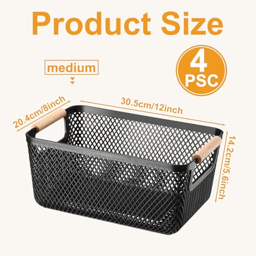 Tioncy 4 Pcs Plastic Mesh Baskets with Wood Handle Woven Mesh Storage Organizer Bins Multifunction Rectangle Baskets for Home Pantries Shelves Closet Kitchens Bedrooms1201 x 803 x 559 Inches - Image 3