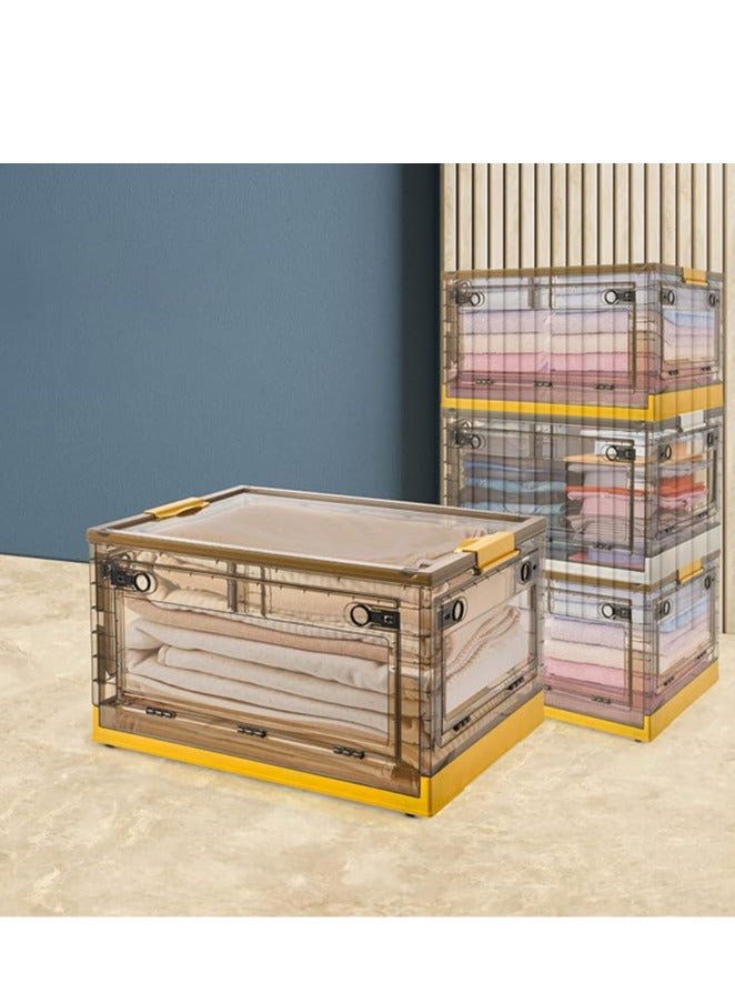 راكسوم صندوق تخزين قابل للطي مع أغطية، صناديق تخزين قابلة للتكديس بسعة 55 لترًا مع عجلات، قفص حاوية تخزين، باب شفاف مفتوح من الجانب للمنزل والمكتب وغرفة النوم (كبير، أصفر مانجو) - Image 1