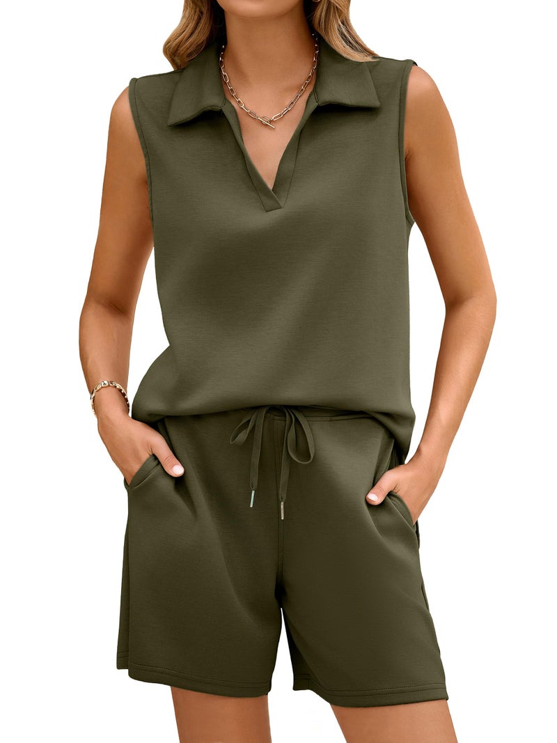 Glamaker Womens Two Piece Short Sets Casual Vacation Travel Airport Matching Outfit Sweat Suits Sets Casual Athletic Sets Army Green S