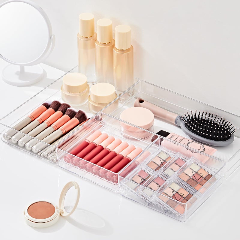 سمارت تايك مجموعة منظمات أدراج بلاستيكية شفافة من سمارتيك، 6 قطع، منظم أدراج مكتب كبير الحجم مانع للانزلاق، صواني تنظيم أدراج متعددة الاستخدامات للحمام وغرفة الزينة، مناسبة لمستحضرات التجميل، غرفة النوم، المكتب، وأدوات المطبخ. - Image 3