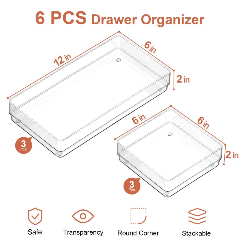 سمارت تايك مجموعة منظمات أدراج بلاستيكية شفافة من سمارتيك، 6 قطع، منظم أدراج مكتب كبير الحجم مانع للانزلاق، صواني تنظيم أدراج متعددة الاستخدامات للحمام وغرفة الزينة، مناسبة لمستحضرات التجميل، غرفة النوم، المكتب، وأدوات المطبخ. - Image 2