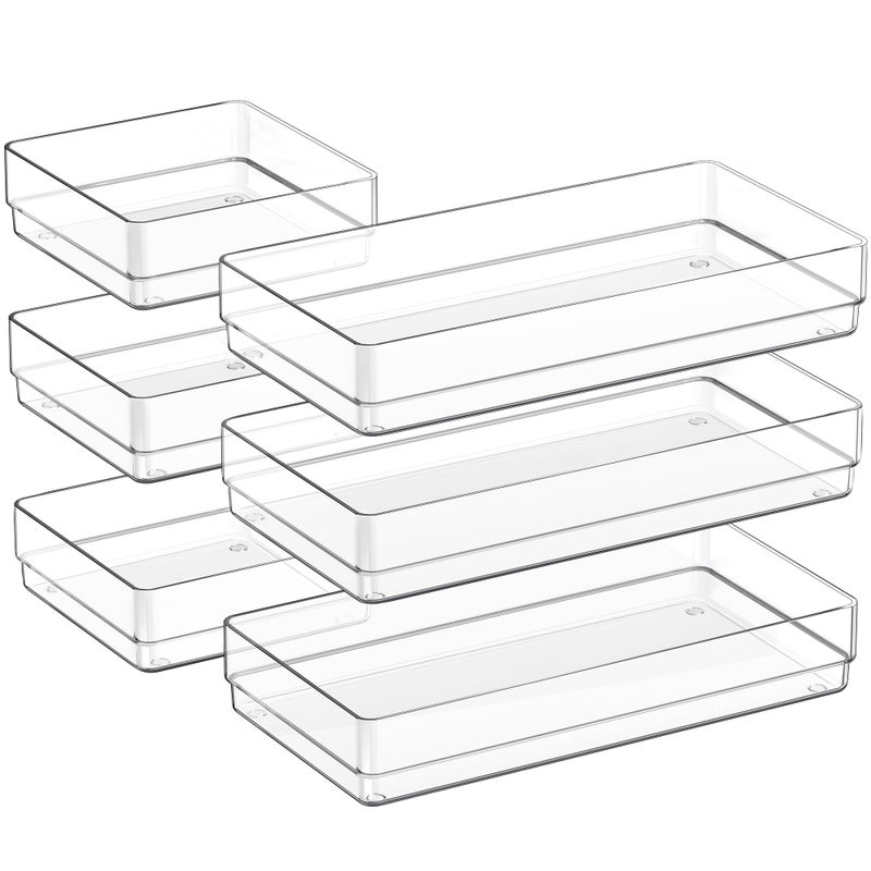 سمارت تايك مجموعة منظمات أدراج بلاستيكية شفافة من سمارتيك، 6 قطع، منظم أدراج مكتب كبير الحجم مانع للانزلاق، صواني تنظيم أدراج متعددة الاستخدامات للحمام وغرفة الزينة، مناسبة لمستحضرات التجميل، غرفة النوم، المكتب، وأدوات المطبخ. - Image 1
