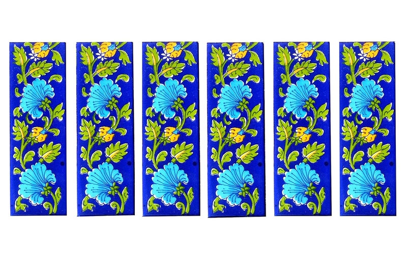 Shiv Kripa Blue Pottery Home Decor Wall Mural Mosaic Tiles Ceramic Handmade Wall Decorative Tiles 2 x 6 Inch Set of 6 Tiles Multicolor