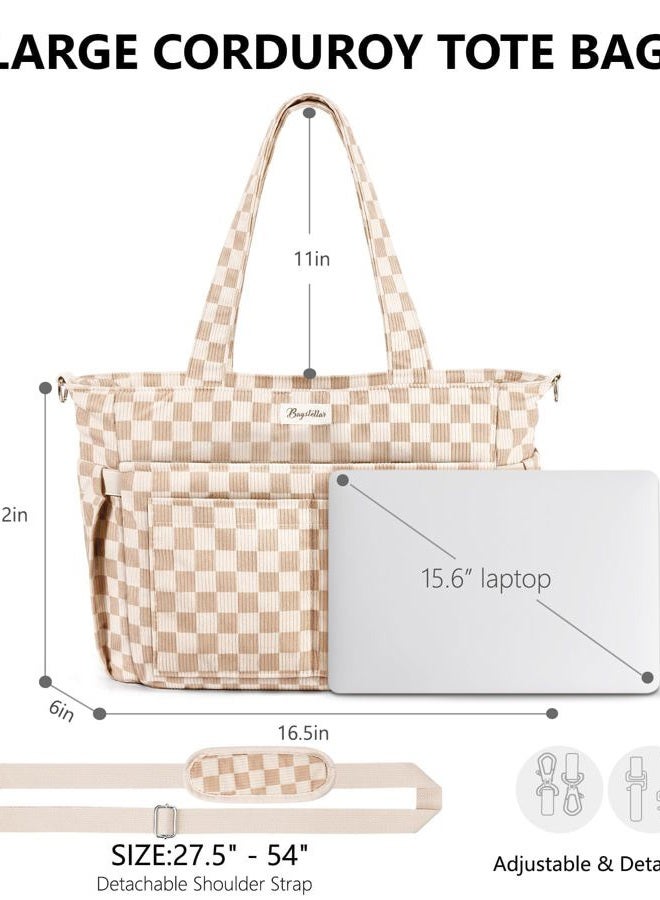 Bagstellar Corduroy Tote Bag for Women, 17 Pockets Lightweight Crossbody Bible Teacher Nurse Shoulder Bag for Daily School Travel Gym, Beige Checkered - Image 2