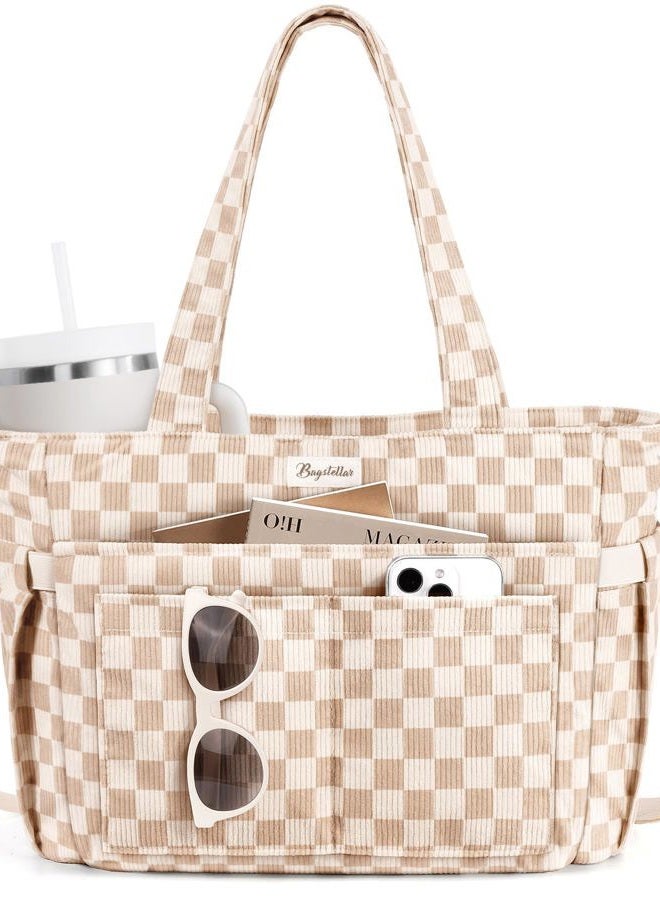 Bagstellar Corduroy Tote Bag for Women, 17 Pockets Lightweight Crossbody Bible Teacher Nurse Shoulder Bag for Daily School Travel Gym, Beige Checkered - Image 1