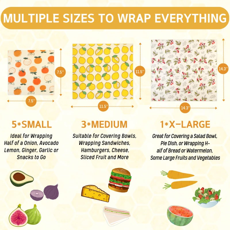 BYTTME Reusable Beeswax Wrap - 9 Pack Beeswax Wraps for Food, Eco-Friendly Beeswax Food Wraps, Bread Sandwich Wrapper - Organic, Sustainable, Zero Waste, Reusable Plastic-Free Food Storage Wrap, 1XL, 3M, 5S - Image 3