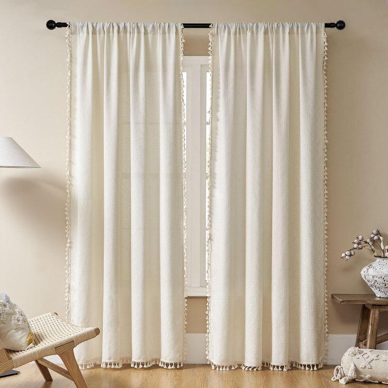 Joydeco Beige Boho Curtains 96 Inches Long 2 Panels Super Soft Bohemian Farmhouse Curtains with Tassels Semi Sheer Light Filtering Drapes for Bedroom Living Room Rod Pocket 52Wx96L