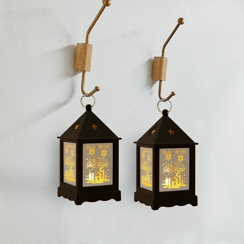 Glodecart 2 قطعة فوانيس رمضان سوداء، نمط قلعة صغيرة، إضاءة LED، بطارية مشمولة، للطاولة أو التعليق، ديكورات رمضان للمنزل والهواء الطلق، مقاس 5 × 2 × 2 بوصة، وزن 0.15 كجم. - Image 5